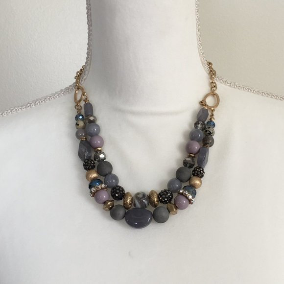 C1946 Gold & SilverTone Sparkly Gray Bead 2 Strand Necklace - Picture 6 of 7